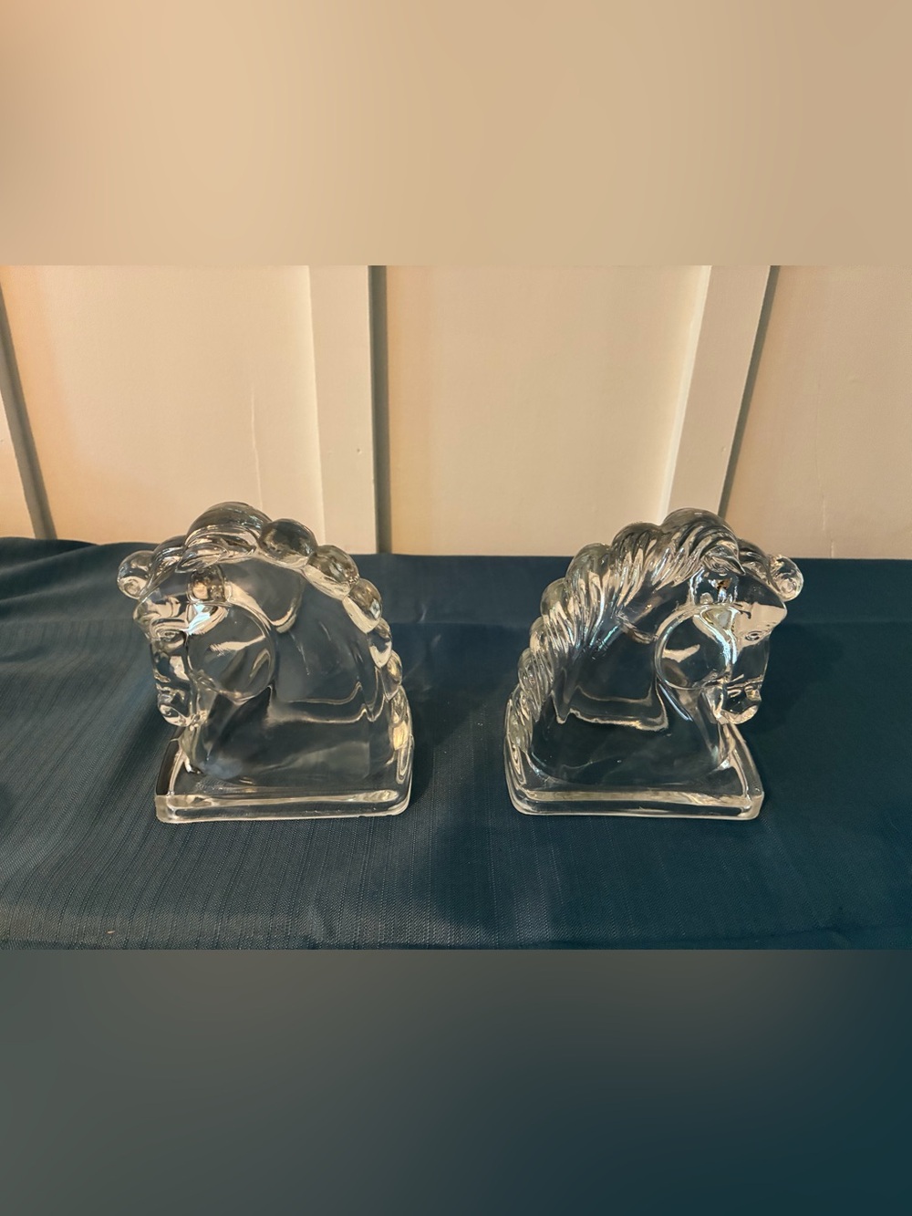 Clear Art Deco Federal Glass Horse Head Bookends - Pair